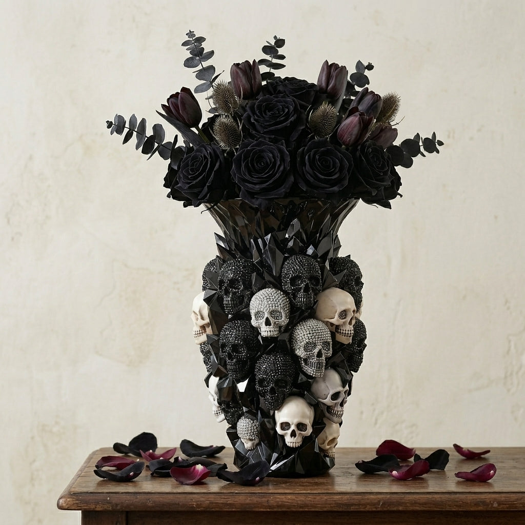 Vase with decorative skulls and black roses on a wooden table
